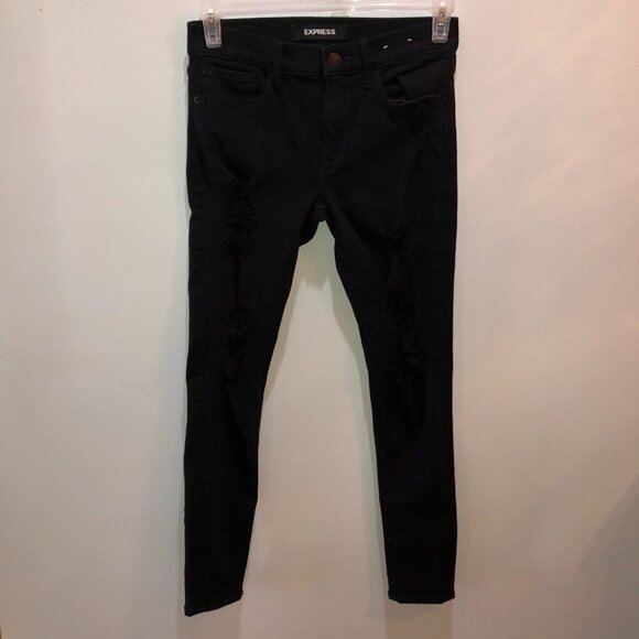Express Womens Size 4R Black Stretch Midrise Legging Distressed Jeans Pants - Picture 1 of 11